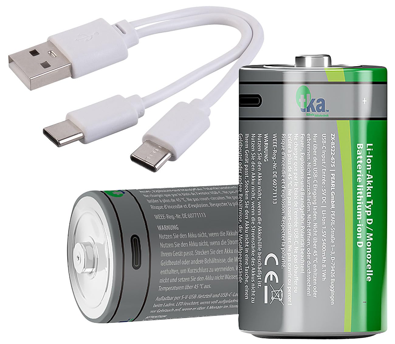 tka Köbele Akkutechnik Batterie USB type D : lot de 4 batteries Li-ion type D avec USB-C, 5400 mAh, 8100 mWh, 1,5 V (Accu, piles USB, lampe de poche)