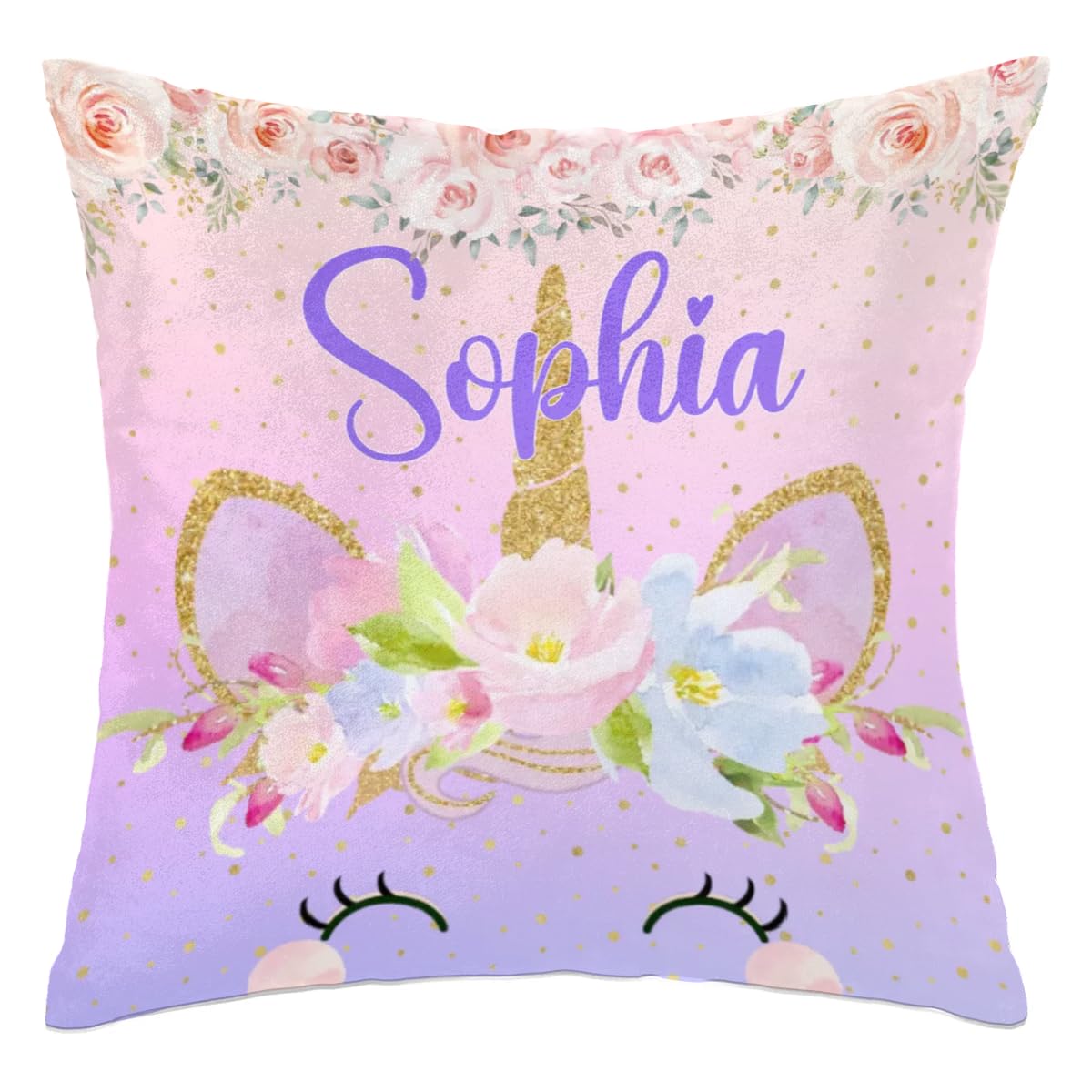 Personalized Cute Unicorn Square Pillowcase with Flower for Kids-Girls,Custom Name Cushion Covers,Custom Gifts Throw Pillow Cover for Children Birthday,for Sofa Car Bedroom (Cover Only),Pink Purple