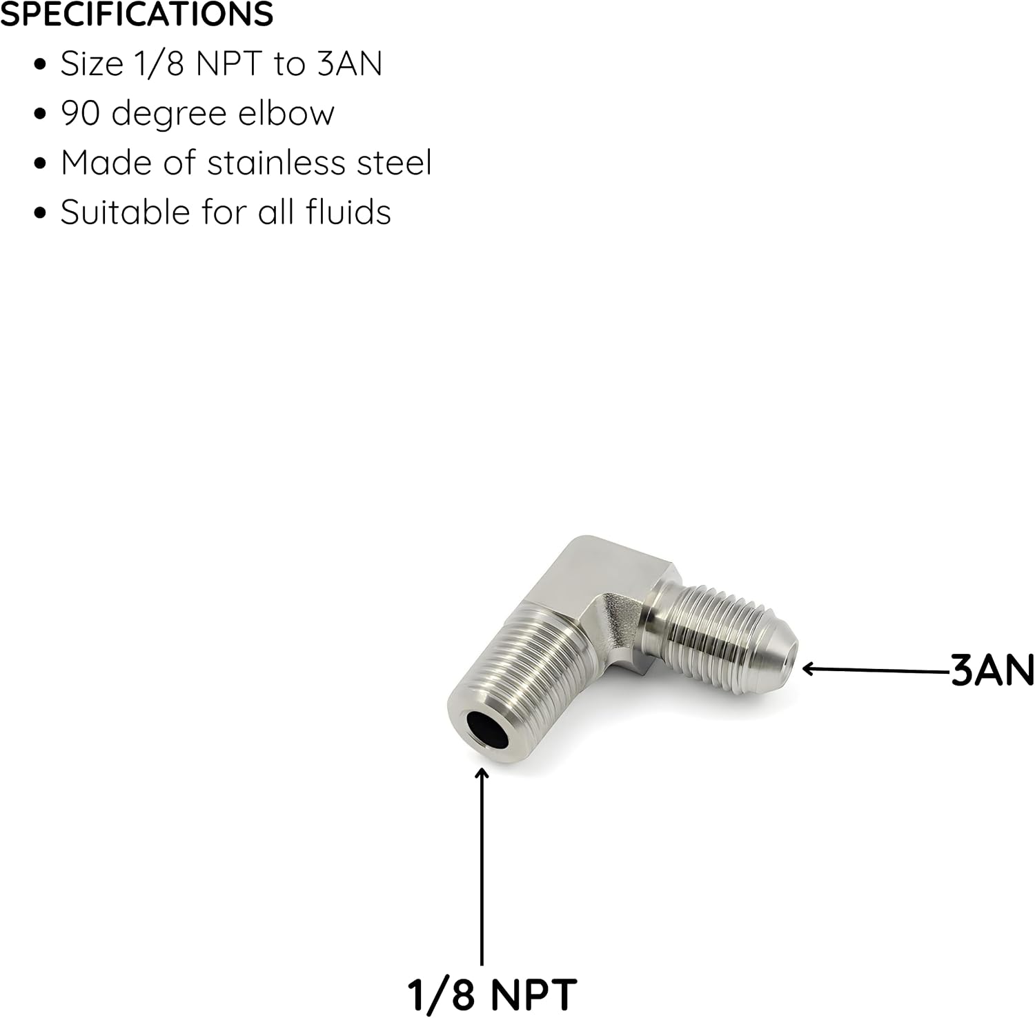 KMOTOR 1/8 NPT to 3AN Fitting - 90 Degree Male Elbow Adapter (Stainless Steel)