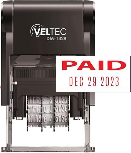 Veltec Sello de fecha de goma autoentintado con frase y fecha (rojo, pagado)