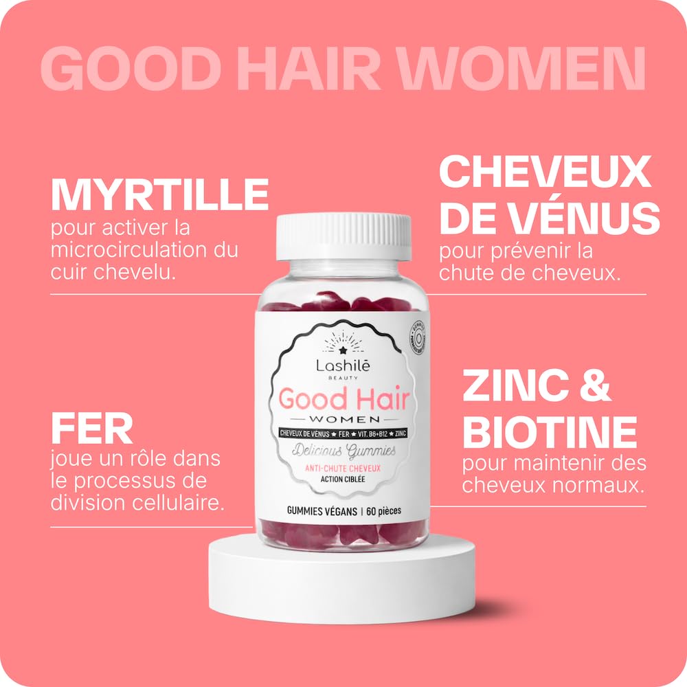Lashilé Beauty - Complément Alimentaire - Anti-chute, croissance et fortification cheveux - Mega pack Cheveux 3 Good Hair et 3Good Hair women - Biotine, Fer, Zinc, MSM, B12 - Cure 1 Mois - 60 Gummies