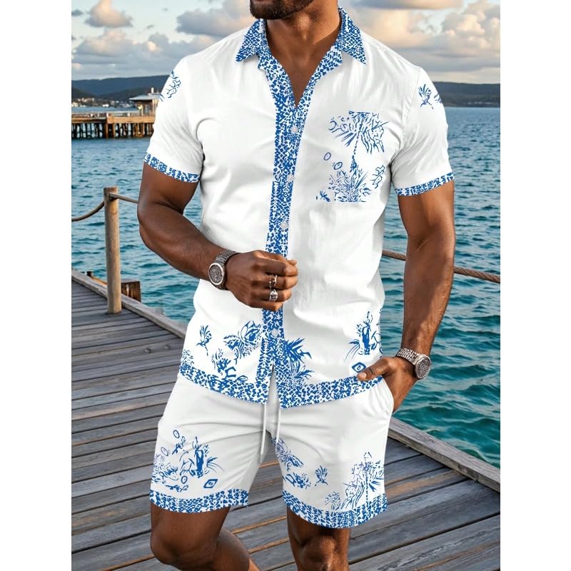 Men's short sleeved shirt shorts set button up cardigan Hawaiian set beach pants two-piece set3