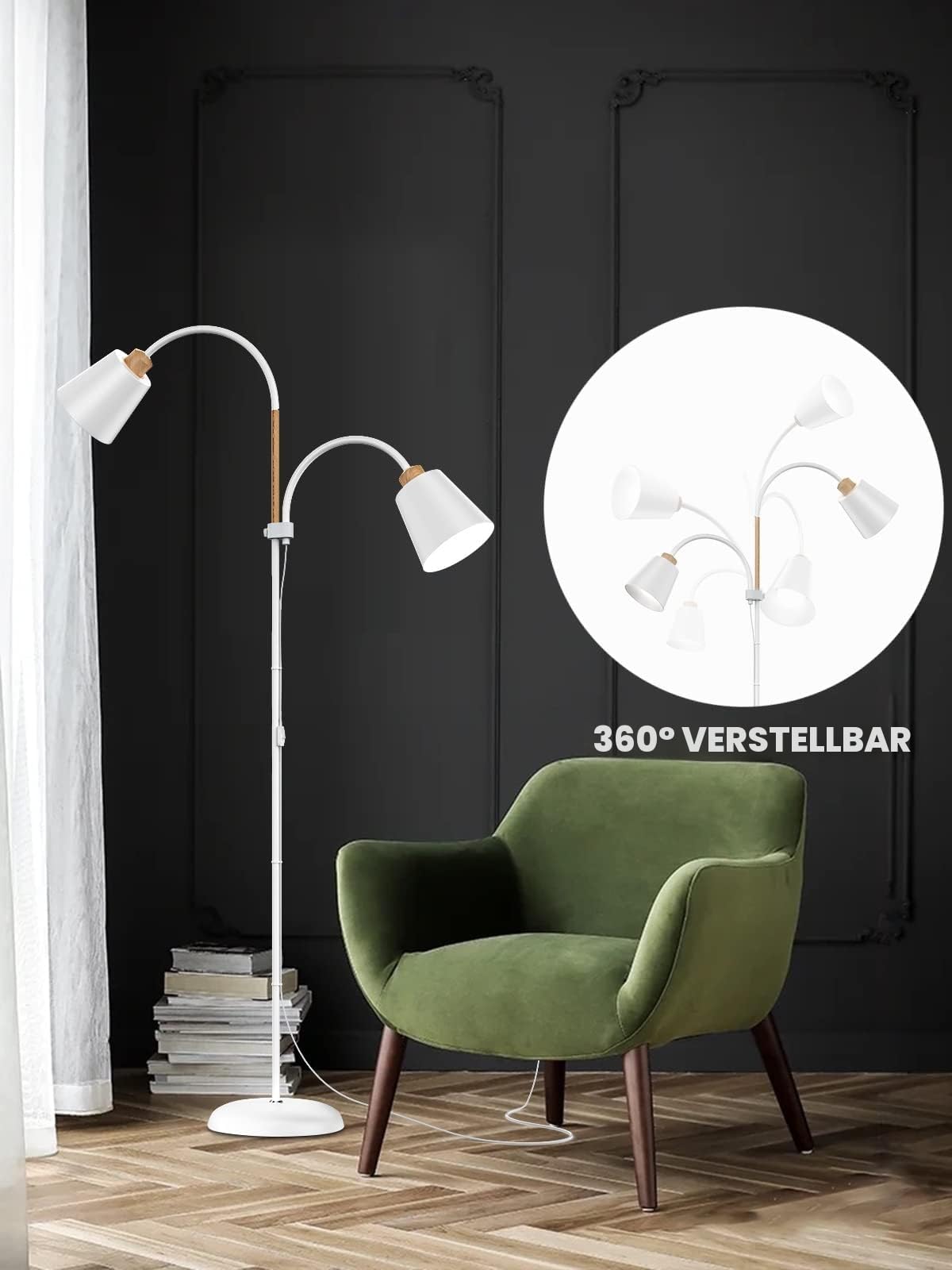 ANTENLICHT Stehlampe mit leselampe Wohnzimmer VILI | E27 Fassung max. 60W | 360° Schwenkbare 2 Lampenköpfe Stehleuchte | moderne Metall Sofa Lampe mit Höhe 159 cm | für Schlafzimmer Weiß ohne Birne