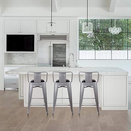 Vista 288 de GIA Taburete de metal con respaldo bajo de altura de mostrador de 24 pulgadas con asiento de cuero vegano, color plateado