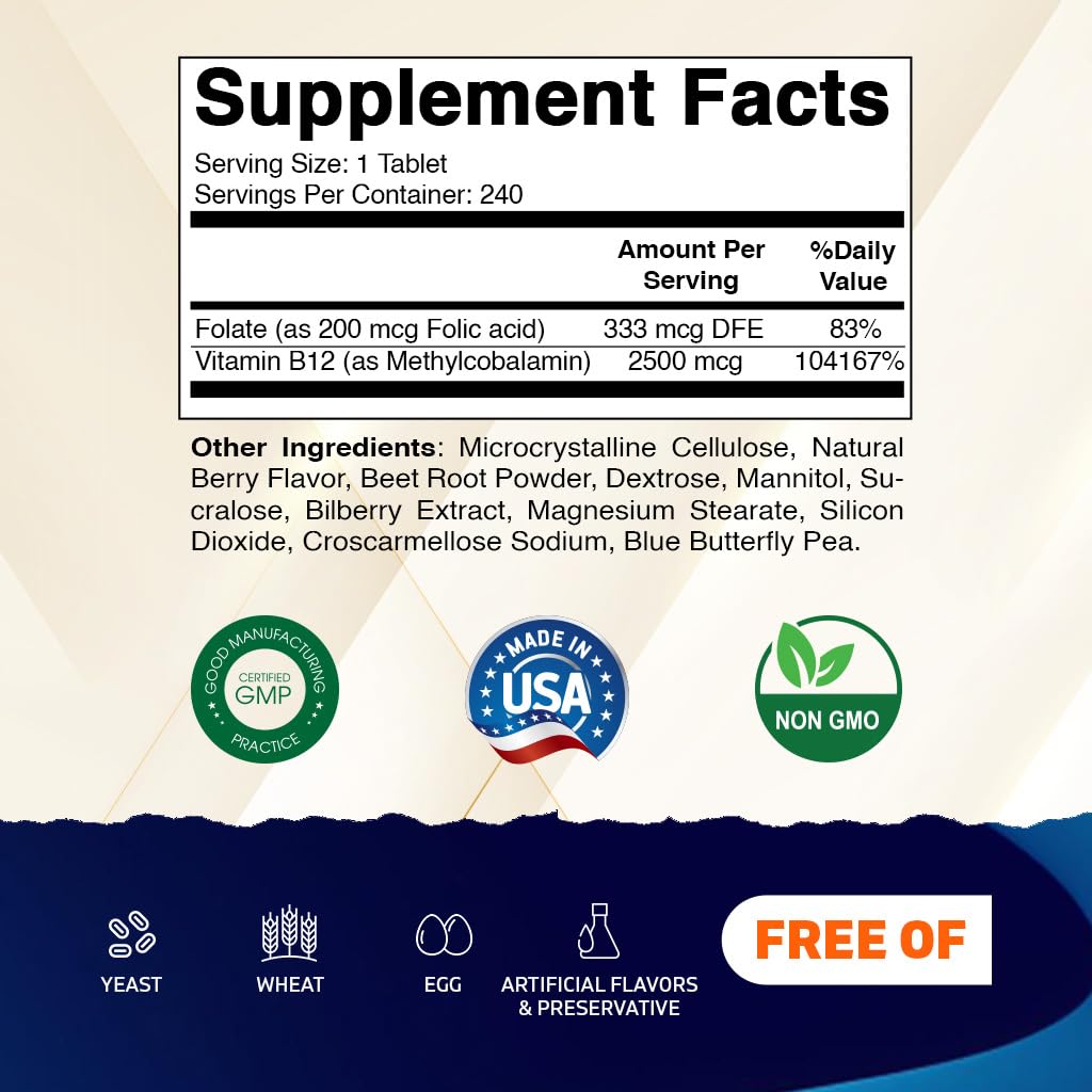 Vitamatic Methyl B12 2500 mcg with Folic Acid – Natural Berry Flavor – 240 Fast Dissolve Tablets – Methylcobalamin Vitamin B12 for Energy & Nervous System Support – Vegan & Non-GMO Supplement — Amazon image 2