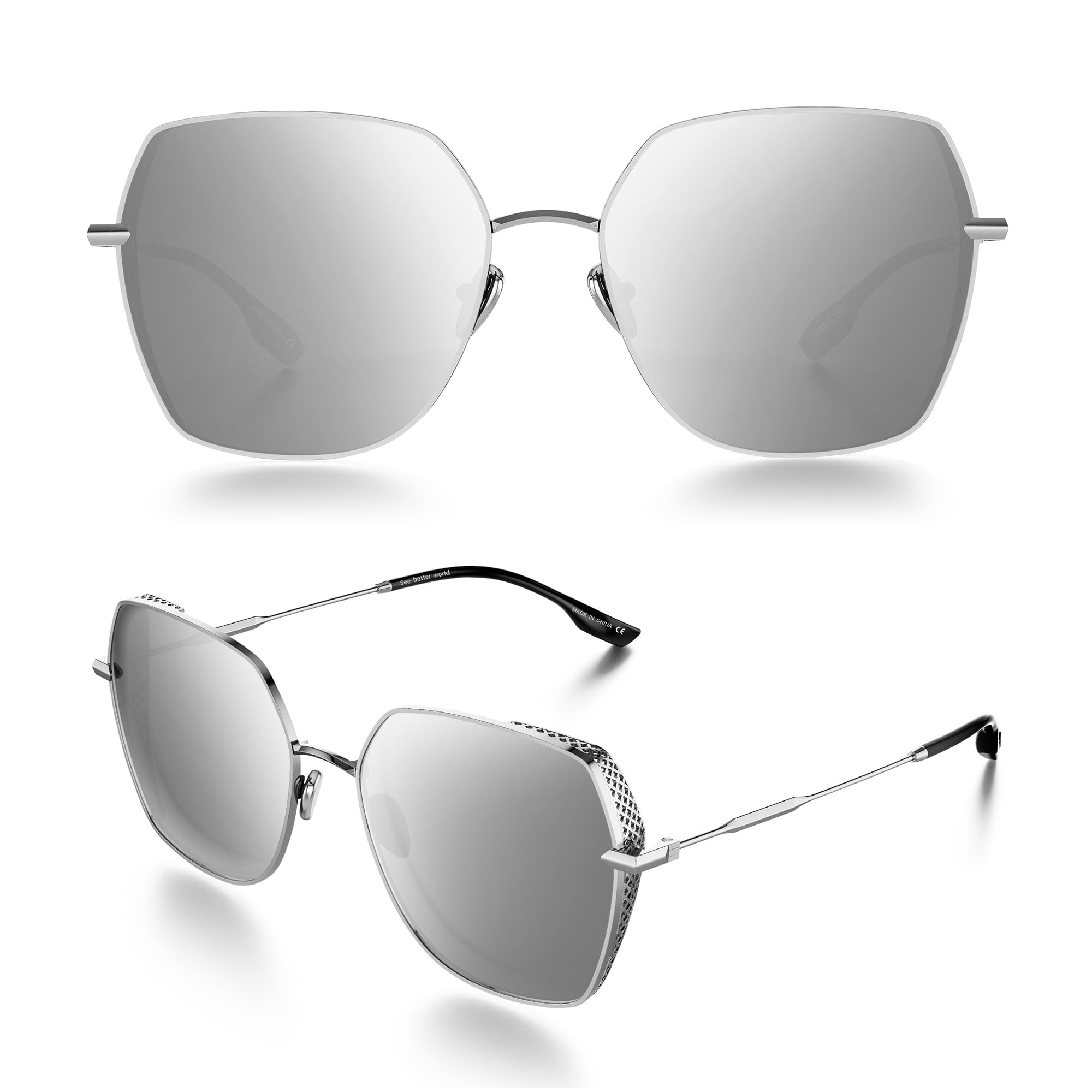 LUENX Trendy Square Oversized Women Aviator Sunglasses - Polygon Flat Three dimensional Rhombic Loop Wire Frame PC Lens