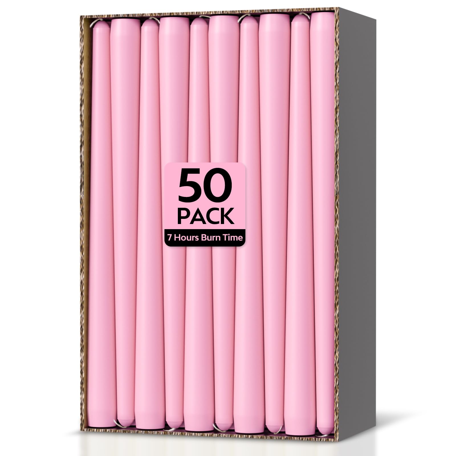 Ledivion Pink Taper Dinner Candles, 50 Pack Non-Drip Table Candlesticks, Unscented, 7-Hour Burn Time, Paraffin Wax With Cotton Wicks, Long-Burning Tapered Candles
