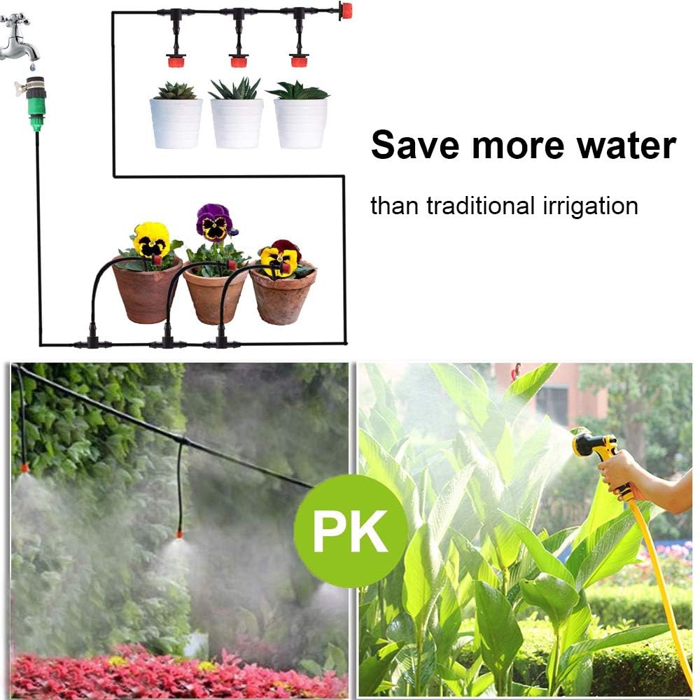 Kit de sistema de riego por goteo de 50 pies, sistema de riego de jardín con piezas de tubo de riego por goteo de 1/4 pulgadas, equipo de riego automático para plantas al aire libre, jardín,