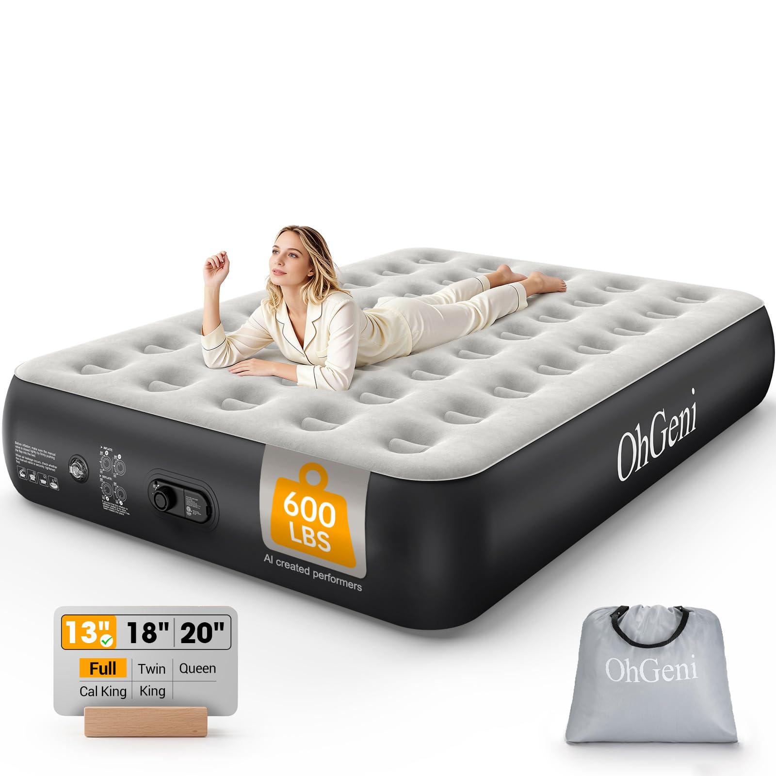 OhGeni Camping Air Mattress Full with Built in Pump, Family Choice Award Winner, 13" Raised Inflatable Blow up Mattress, Portable Foldable Bed with Upgraded Surface for Home & Outdoor, 600lbs