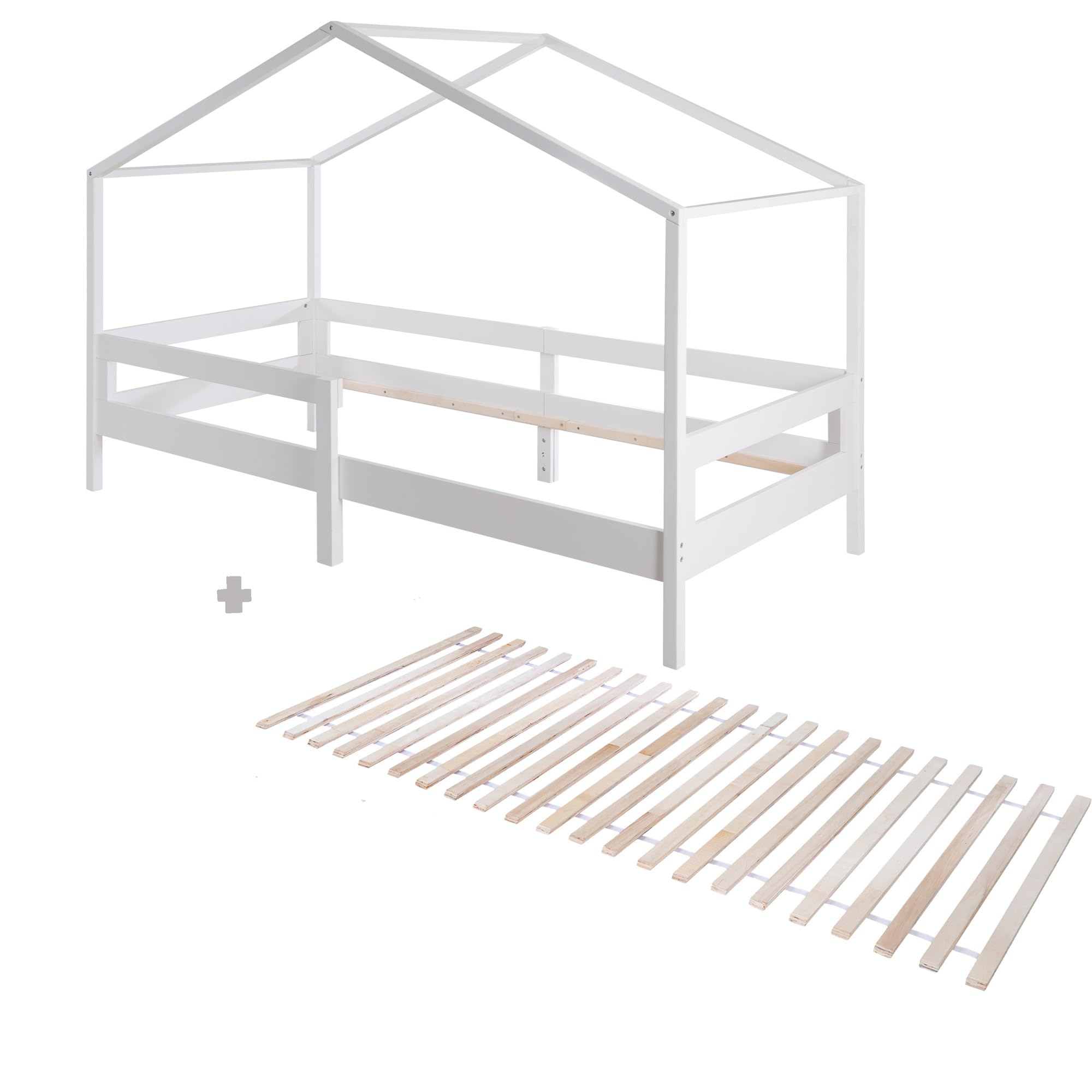 roba Łóżko domowe 90 x 200 cm – łóżko dziecięce zgodnie z zasadą Montessori – łącznie ze stelażem oraz wbudowaną ochroną przed wypadnięciem – drewno lakierowane na biało