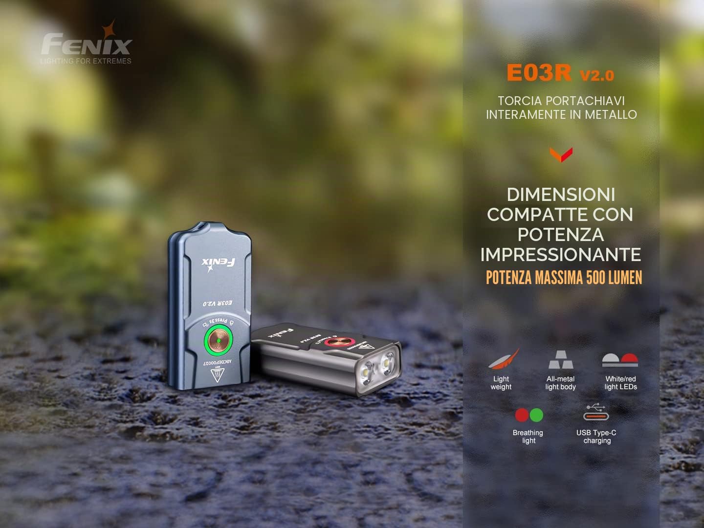 fenix Torcia portachiavi ricaricabile blu E03R v2.0