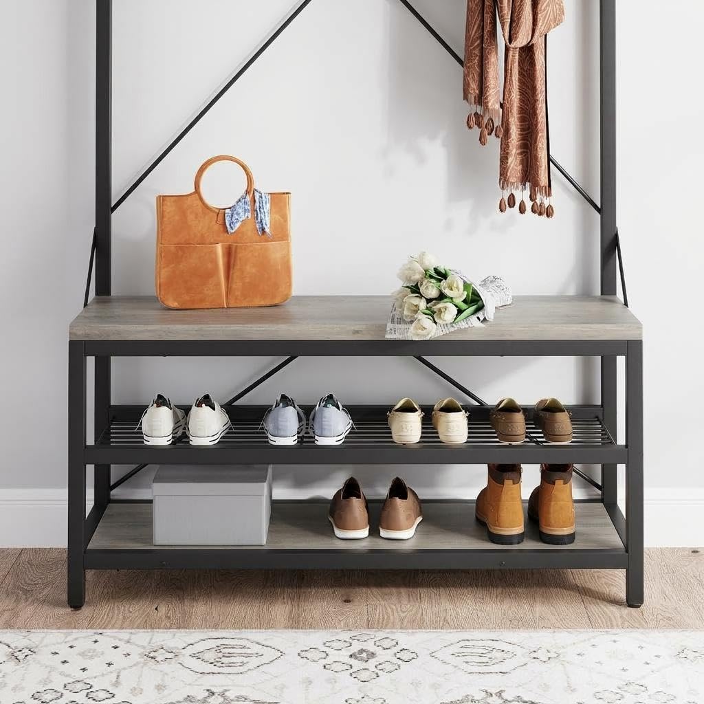 Garderobenständer, Garderobe, 5-in-1 Kombination, freistehend, Metallrahmen, 3-stufiges Regal, 8 abnehmbare Haken, große Schuhbank in Holzoptik, platzsparend für Flur, Diele, Eingangsbereich, Grau