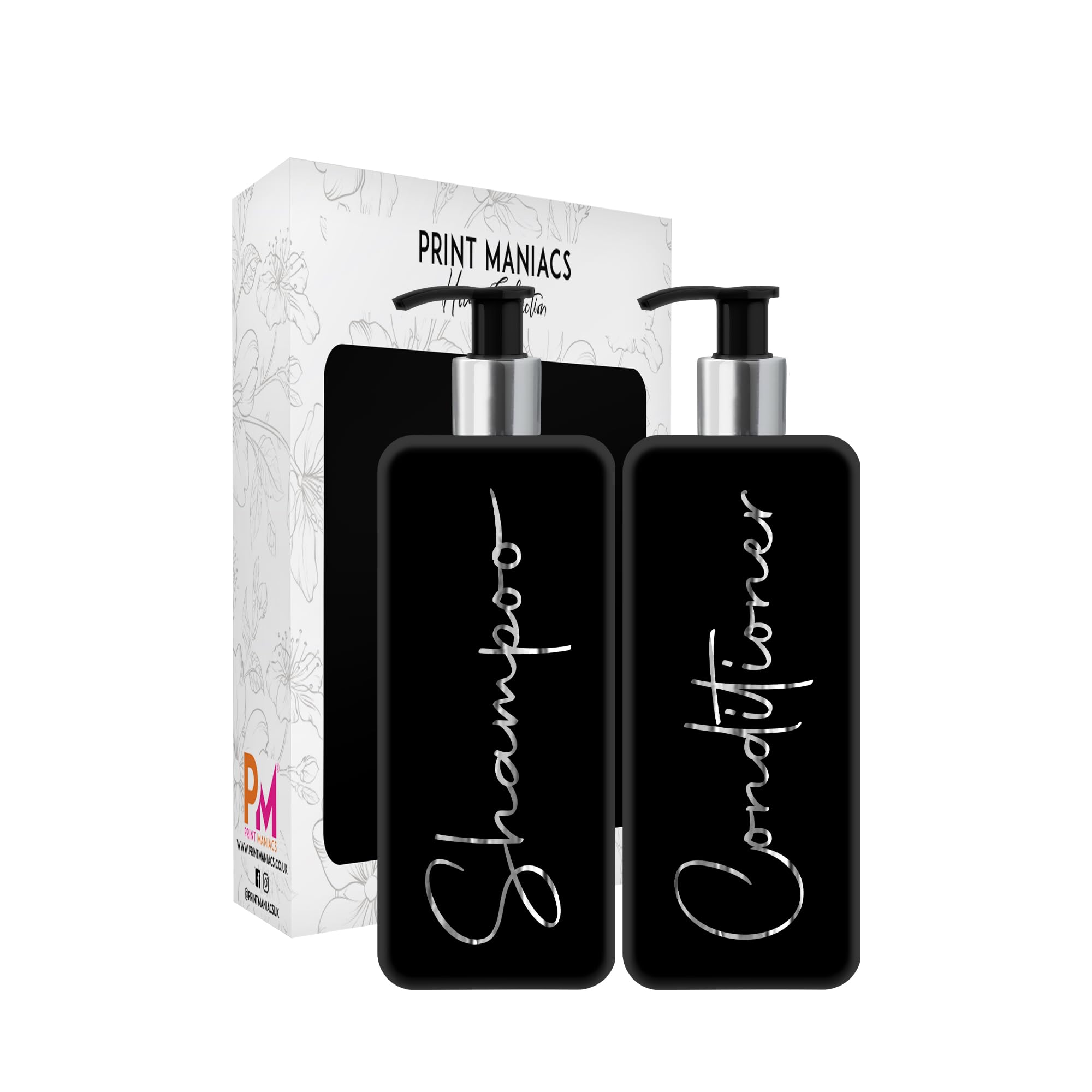 Print ManiacsMrs Hinch Inspired Signature Black 500ml Square Reusable Dispenser Bottle Silver Pump Personalised Bathroom Storage Toiletries Set F2 (Silver