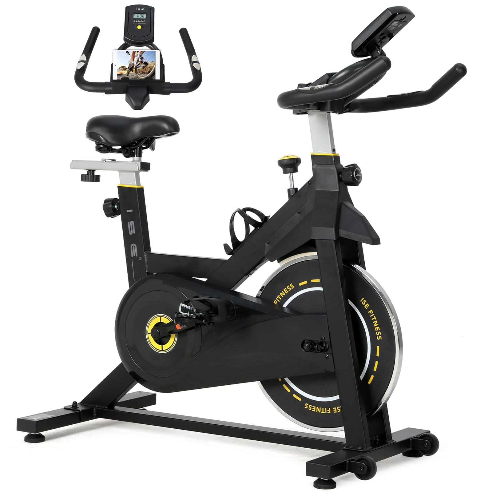 ISE Rower treningowy z wyświetlaczem LCD i monitorem tętna, do domu, ergometr, rower do użytku wewnątrz i na zewnątrz, rower treningowy z uchwytem i regulowanym oporem