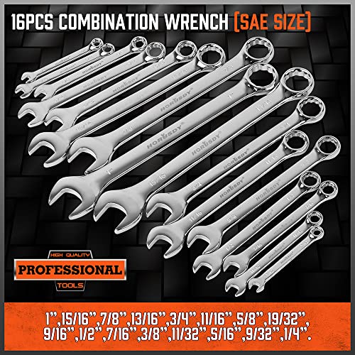 Image of HORUSDY 32-Piece Combination Wrench Set, SAE and Metric, 1 /4 inch-1 inch & 7mm-22mm, 12 Point, Chrome Vanadium Steel Construction with Case