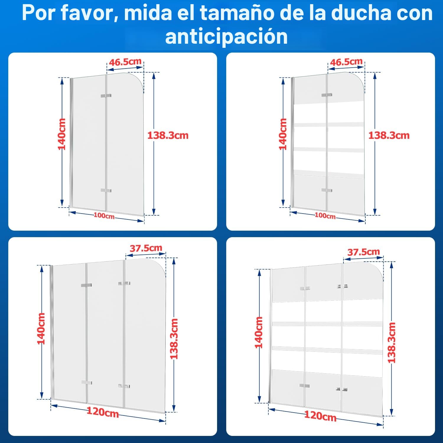 Mampara de ducha para bañera de 100 x 140 cm, 2 unidades, cristal plegable de 6 mm, tira de seguridad EGS, accesorios para cabina de ducha, rayas blancas