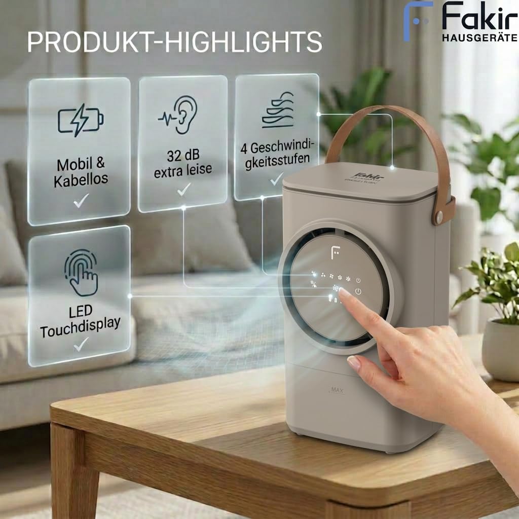 Fakir prestige TC 400 Mobiler Luftkühler kabellos - Air Cooler mit Li-Ionen-Akku, Verdunstungskühlung, Auto-Trocknungsfunktion, 4 Stufen, 24 dB(A), Dual-Befüllung, Farbe: Milk Coffee