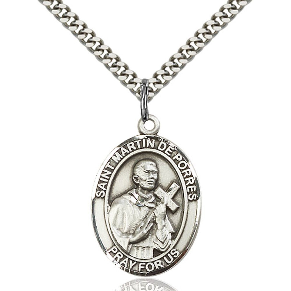 Bonyak Jewelry Saint Medal Collection Sterling Silver St. Martin de Porres Pendant 1 x 3/4 inches with Heavy Curb Chain