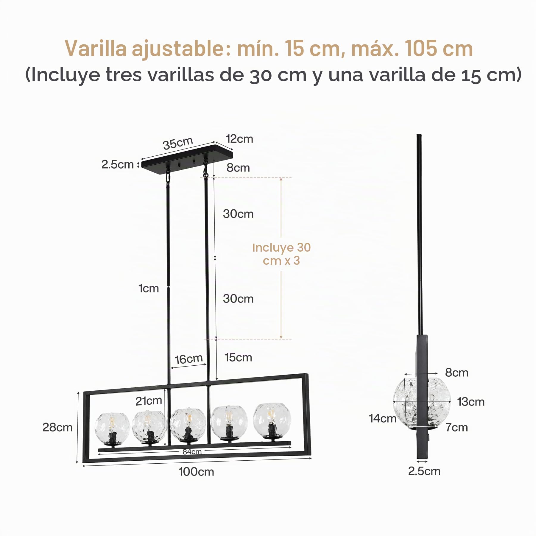 Tribesigns Lámpara colgante moderna con 5 puntos de luz, altura ajustable, lámpara de techo metálica para comedor, cocina, vestíbulo, entrada y dormitorio (conexión E14, sin lámpara)