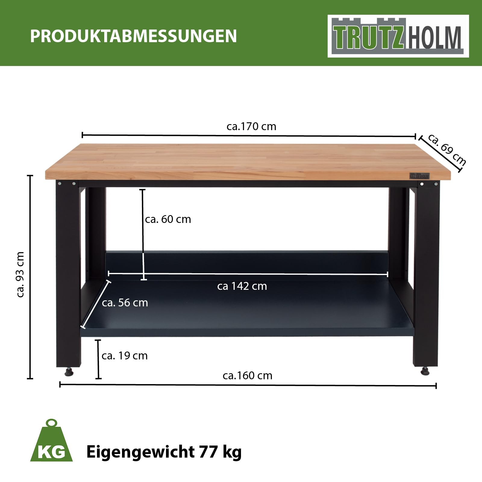 TRUTZHOLM Werkbank Profiline XXL 170 x 69 cm, 1000 kg Traglast, freistehender Werkstatttisch mit massiver Hartholzplatte, Robustes Stahlgestell, Arbeitshöhe 93 cm, anthrazit