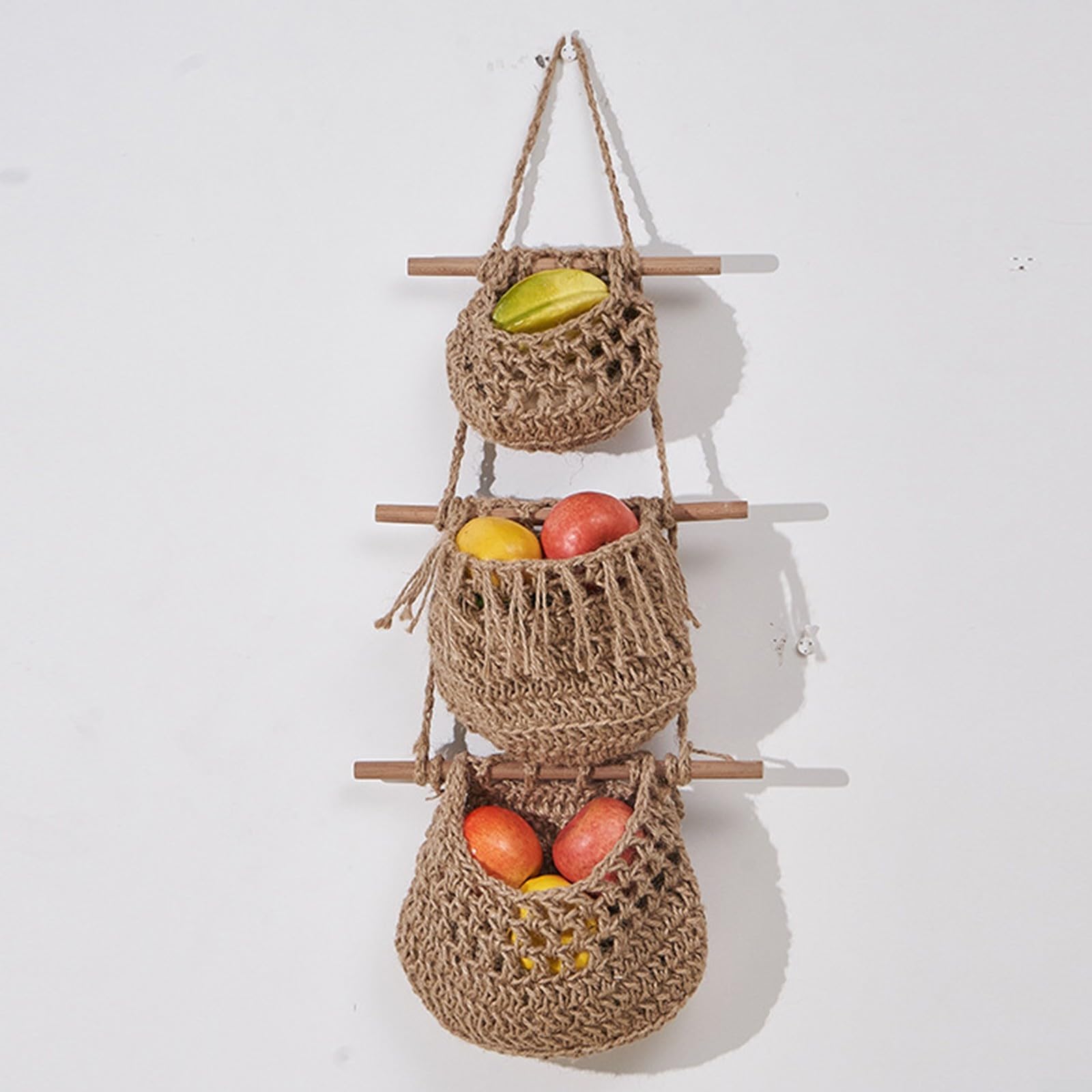 Hangende fruitmand, 3 lagen boven de deur organizer, handgemaakte geweven jute muur hangende manden voor organiseren, muur mand decor, opbergmanden voor keuken, woonkamer en badkamer slaapkamer Hangende fruitmand, 3 lagen boven de deur organizer, handgemaakte geweven jute muur hangende manden voor organiseren, muur mand decor, opbergmanden voor keuken, woonkamer en badkamer slaapkamer