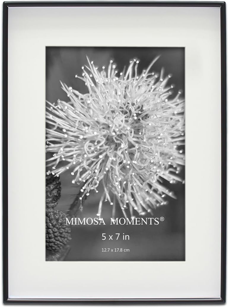 MIMOSA MOMENTS 5x7 Photo Frame with Mat, 7x9 Metal Shadow Box Frame (Silver), Tabletop Display Picture Frame, Thin Metal Border, Perfect for Home Decor, Wedding & Family Photos