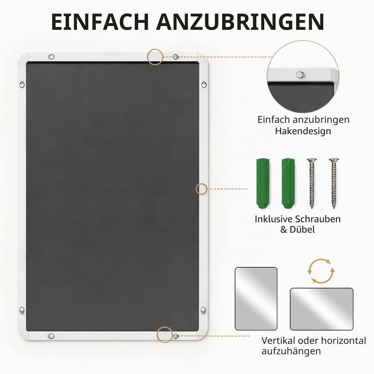 Weißer Rahmenspiegel 40 x 60 cm, großer Badezimmer-Wandspiegel, rechteckiger Badezimmer-Wandspiegel, hängend horizontal/vertikal