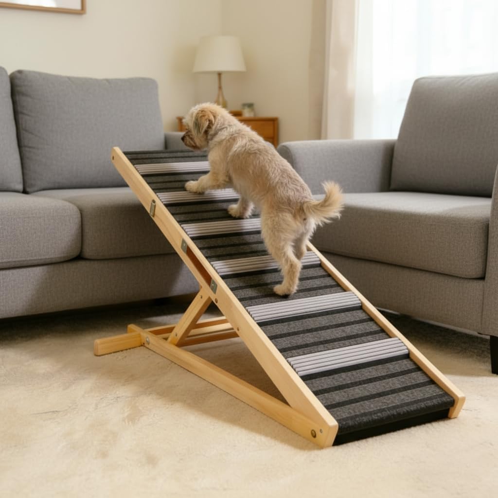 Dog Ramp for Couch and Bed, Portable Pet Ramp with 6 Adjustable Heights (14''-25''), Stable Pine Wood Pet Steps with Non-Slip Surface for Small Dogs and Cats