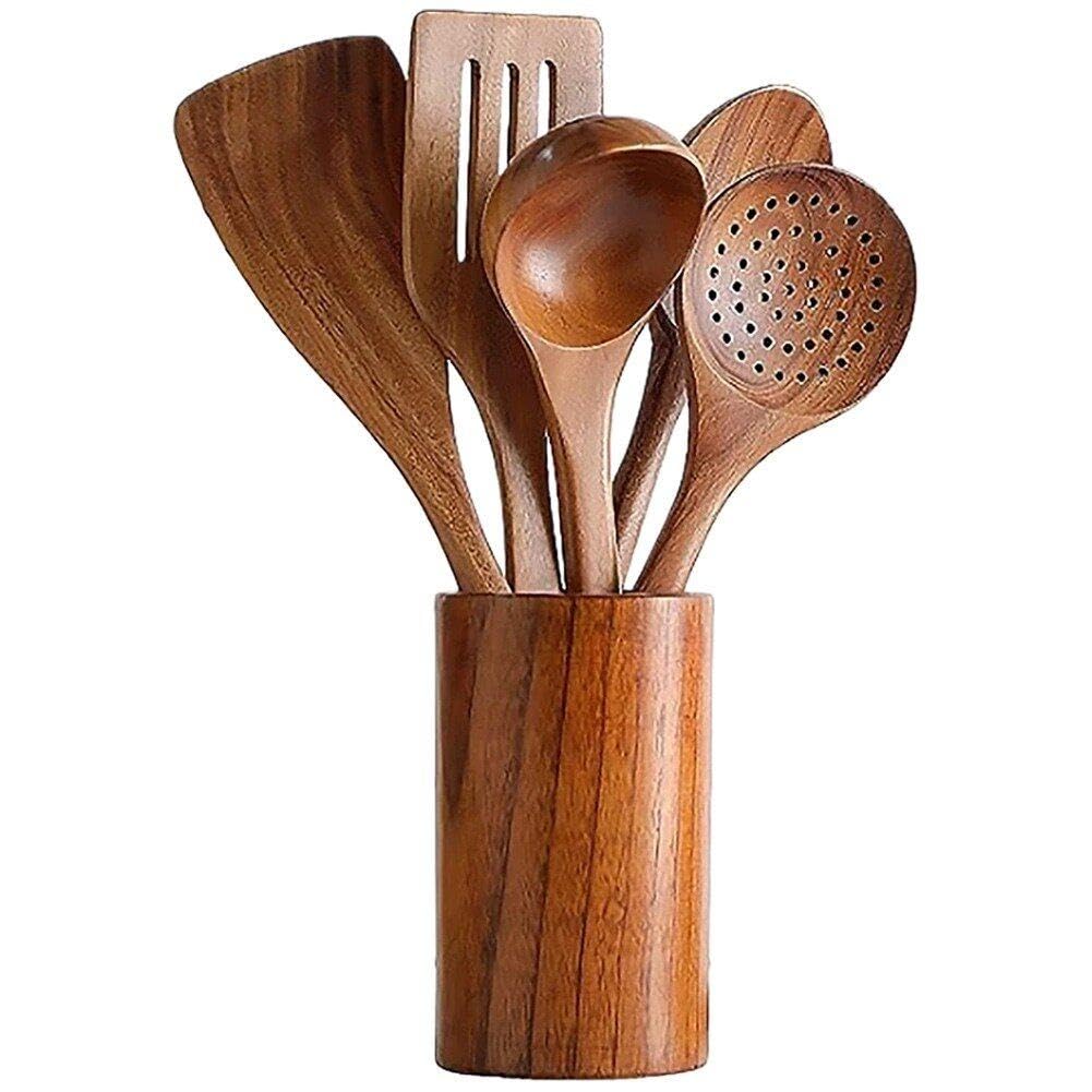Hrippy 6-teiliges Küchengeschirr-Set Aus Holz, Kochlöffel, Servierlöffel, Holzspatel, Holzaufbewahrung, Geschirr, Küchenutensilien-Set