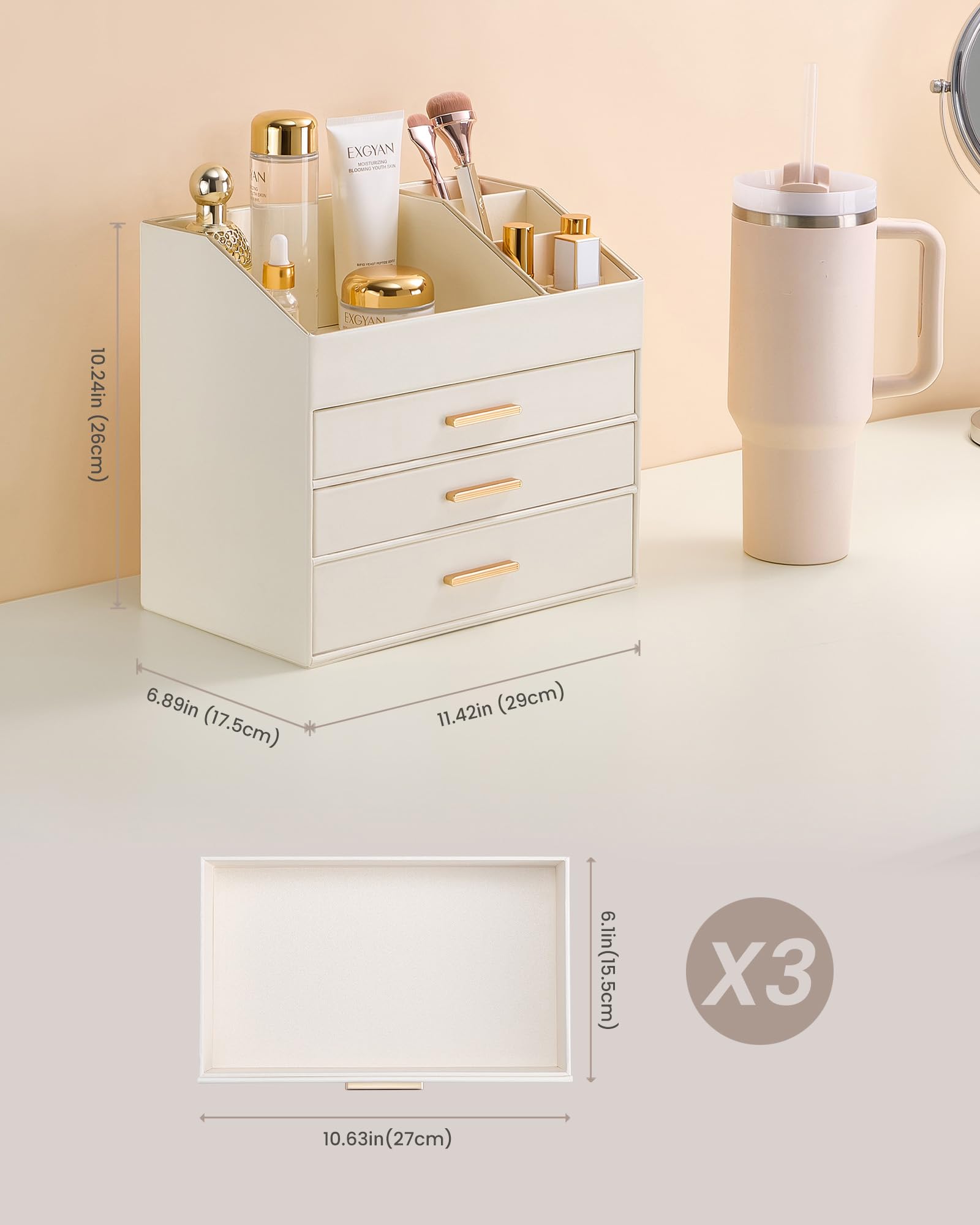 Lolalet Organizador de Cosméticos para Tocador, Bandeja de 3 Niveles con Cajones, Organizador de Perfumes, Organizador de Labiales -Crema