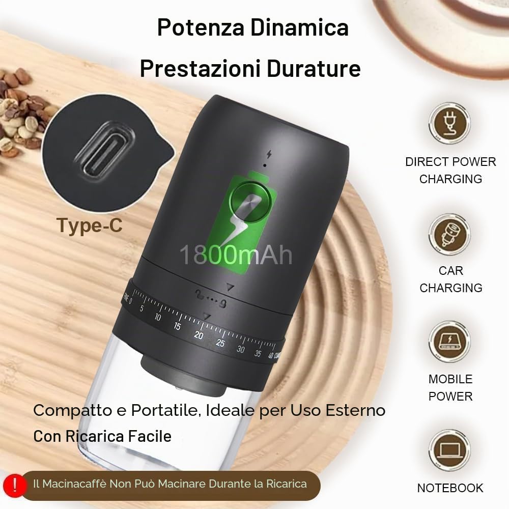 Macinacaffè Elettrico Portatile, Piccolo Coffee Grinder Elettrico Senza Fili, 40 Impostazioni Regolabili, Macina Caffè Chicchi Ricaricabile con Macine in Ceramica per Viaggi Campeggio Ufficio