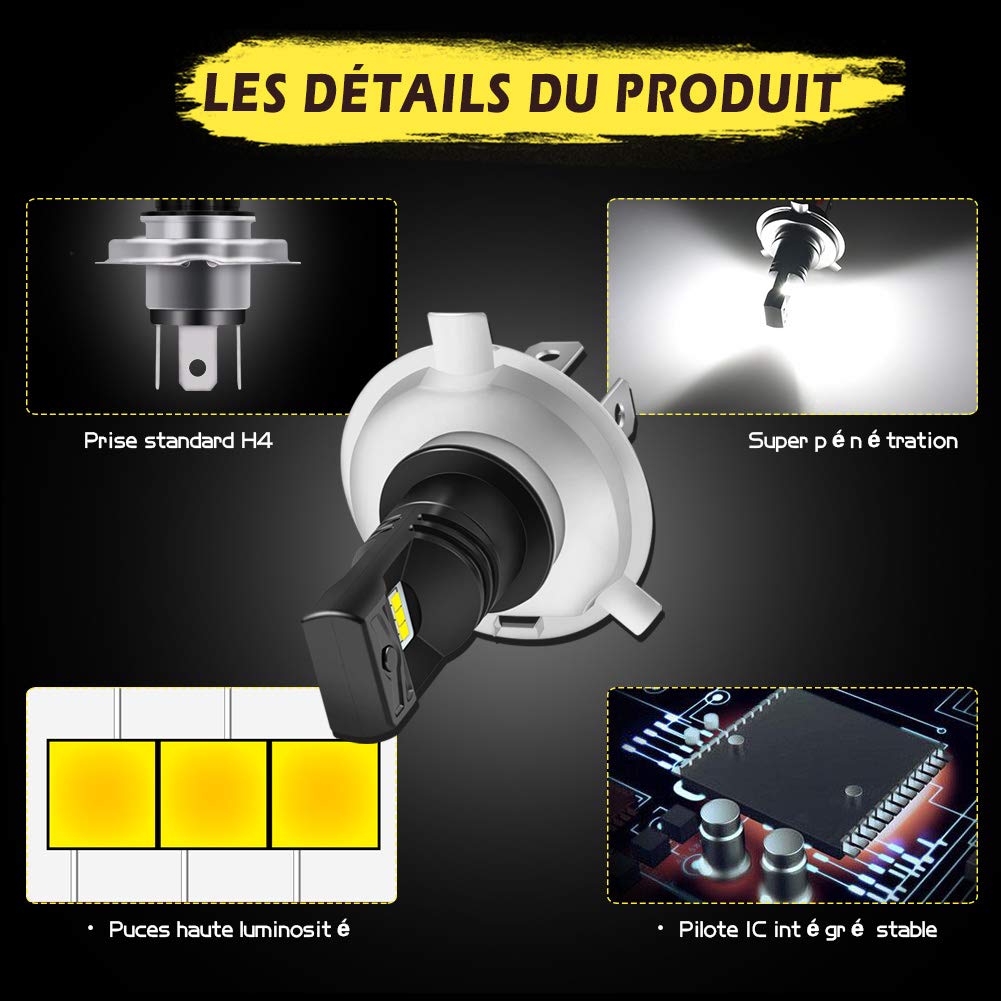 KATUR H4 9003 HB2 Ampoule LED antibrouillard 1600 lumens Max 80W puces CSP 6500K Phare antibrouillard Blanc ou feu diurne DRL - Garantie de 3 Ans