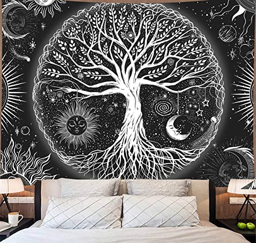 Tree of Life Tapestry Black Sun and Moon (H60" x W82")