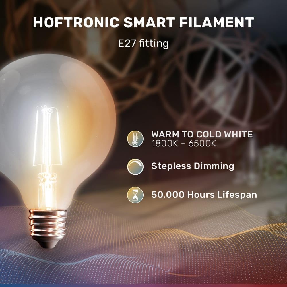 HOFTRONIC - 3er Smart Filament LED Lampe E27 Globe - G125 - WiFi & Bluetooth (seamless connect) Glühbirne - 7W 806lm - 1800(warmweiß)-6500K(Kaltweiß) - kompatibel mit Alexa & Google