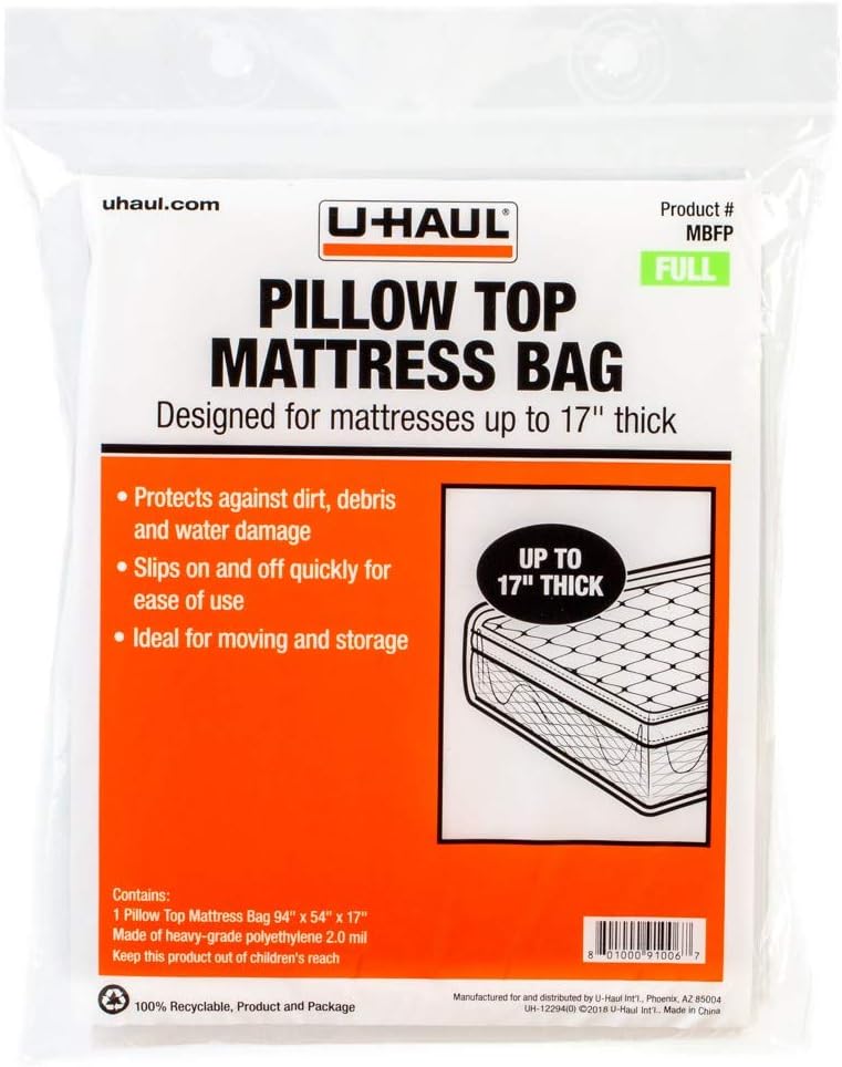 U-Haul Pillow Top Full Mattress Bag – Moving & Storage Cover for Mattress or Box Spring – 94” x 54” x 17” (Pack of 2)