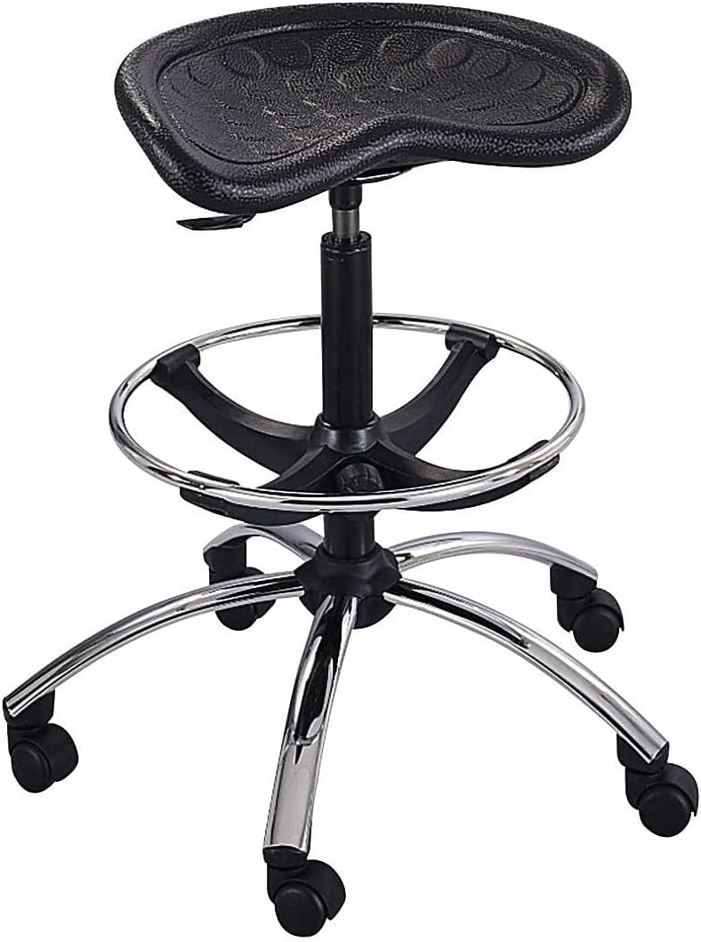 Scranton & Co Black Drafting Chair, Chrome Base, Adjustable Tractor-Seat Polyurethane Construction, 26" Dia x 27-34" H, Dual Wheel Carpet Casters, Ergonomic Office or Industrial Use