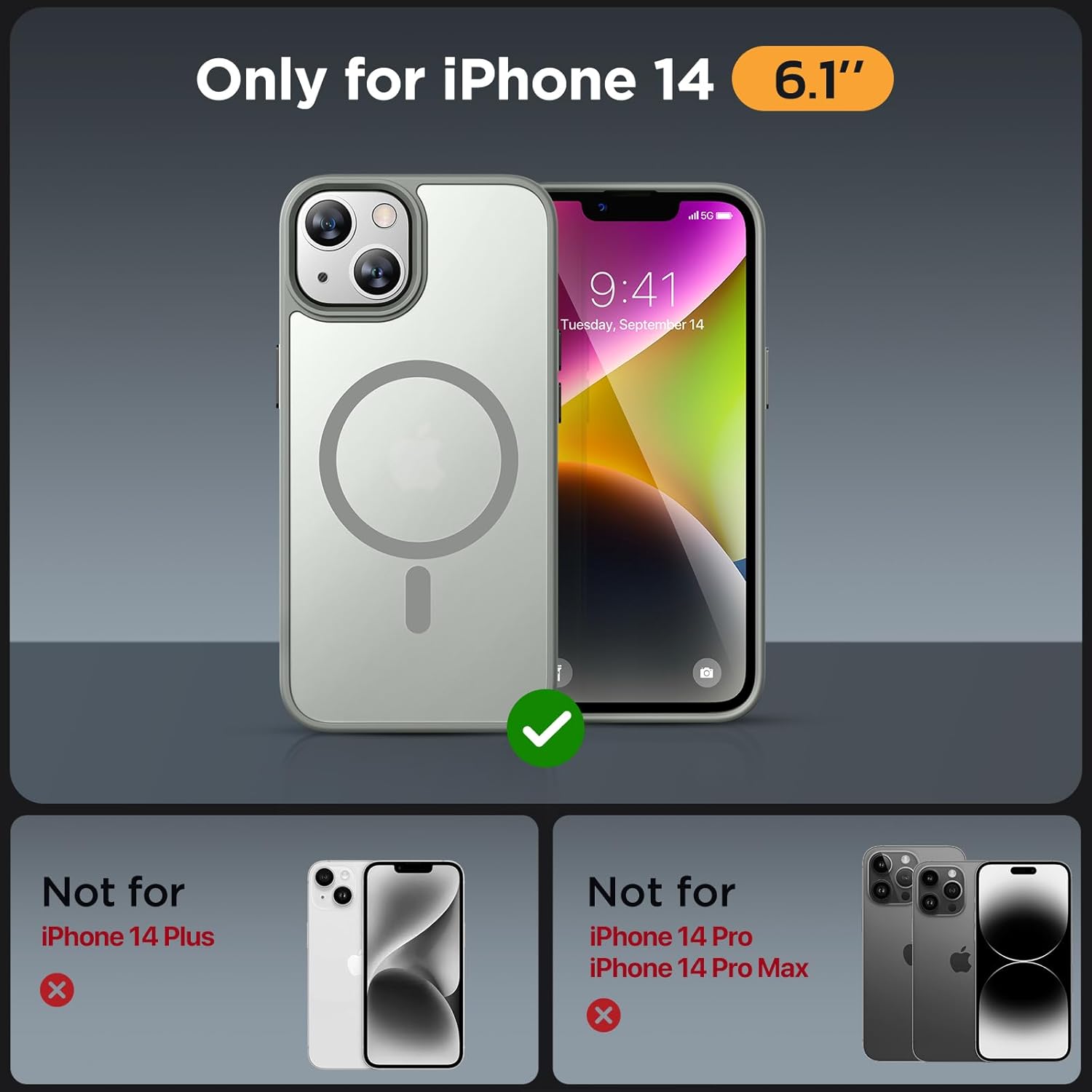 Miracase Magnetic for iPhone 14 Case 6.1 inch (Compatible with MagSafe)(with 2X Screen Protectors) Military-Grade Protection, Anti-Fingerprint Translucent Matte Phone Case Cover, Gray