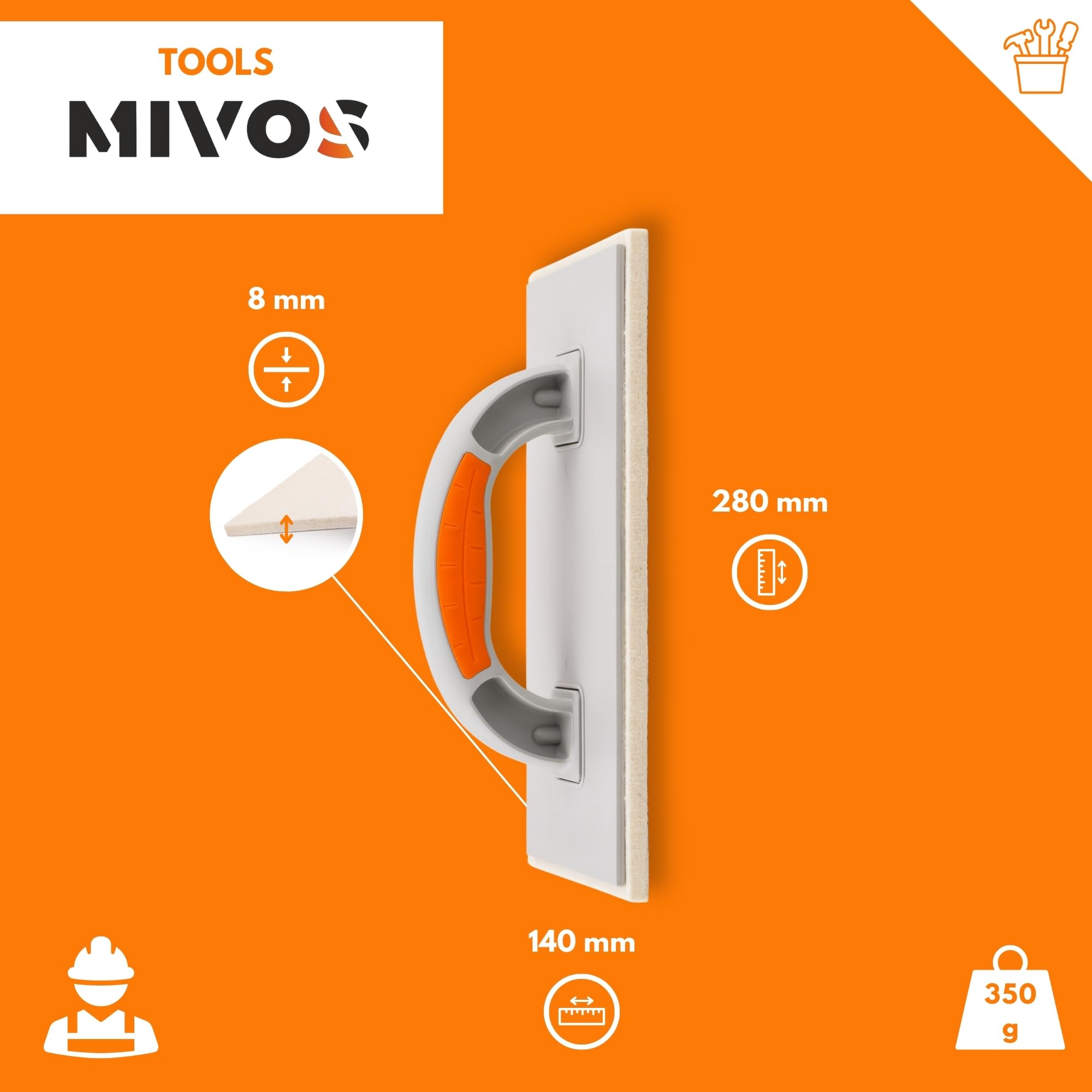 Mivos Rallador de plástico con revestimiento de fieltro 280 x 140 / tabla de fieltro para yeso con mango de dos componentes/tabla con fieltro de 8 mm/fabricado en la UE