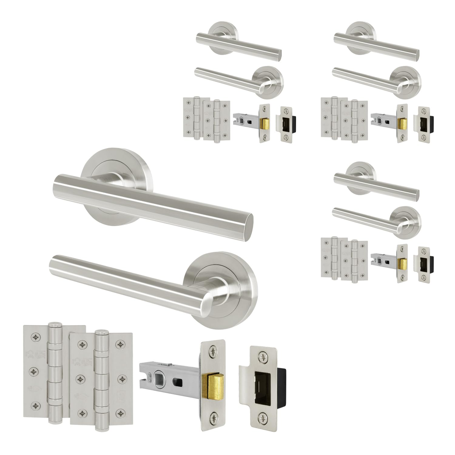 Eai Satin Door Handle Latch Set Nickel - Pack Of 4 | Round T-Bar Internal Door Handles, Latch (64Mm), Hinges (76Mm)| Lever On Rose | Oliena Range