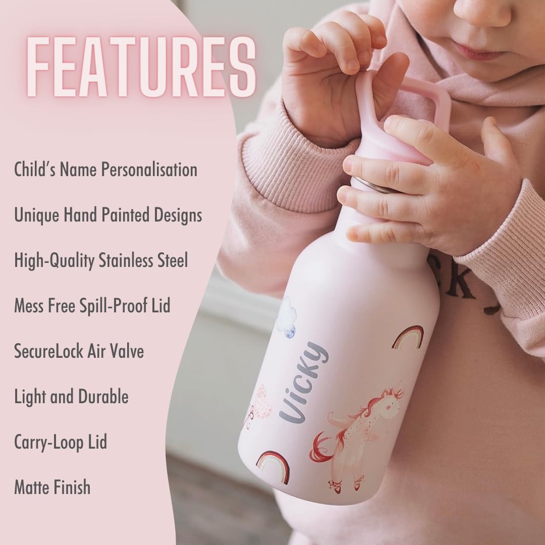 J.Børn Gourde personnalisée pour enfants 350 ml, Gourdes d'eau enfant sans BPA, bouteille réutilisable en acier inoxydable, bouteille légère pour l'école (Dinosaure