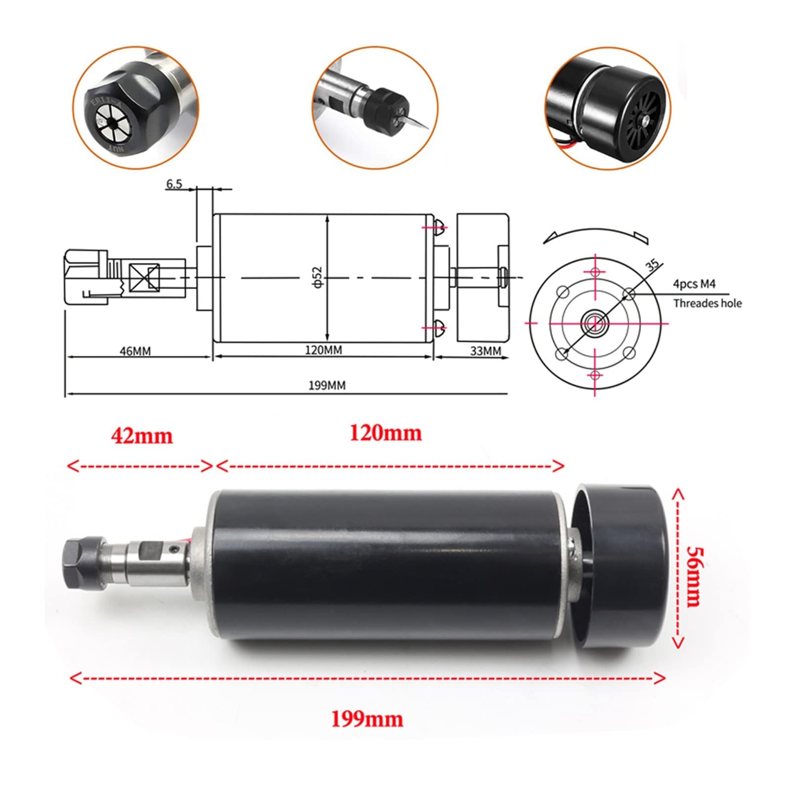 Zestaw silnika wrzeciona CNC, 0.5kw chłodzony powietrzem wrzeciono 500W silnik wrzeciona ER11 Chuck silnik wrzeciona cnc + zaciski 52mm + regulator prędkości zasilania do grawerowania do frezarki CNC