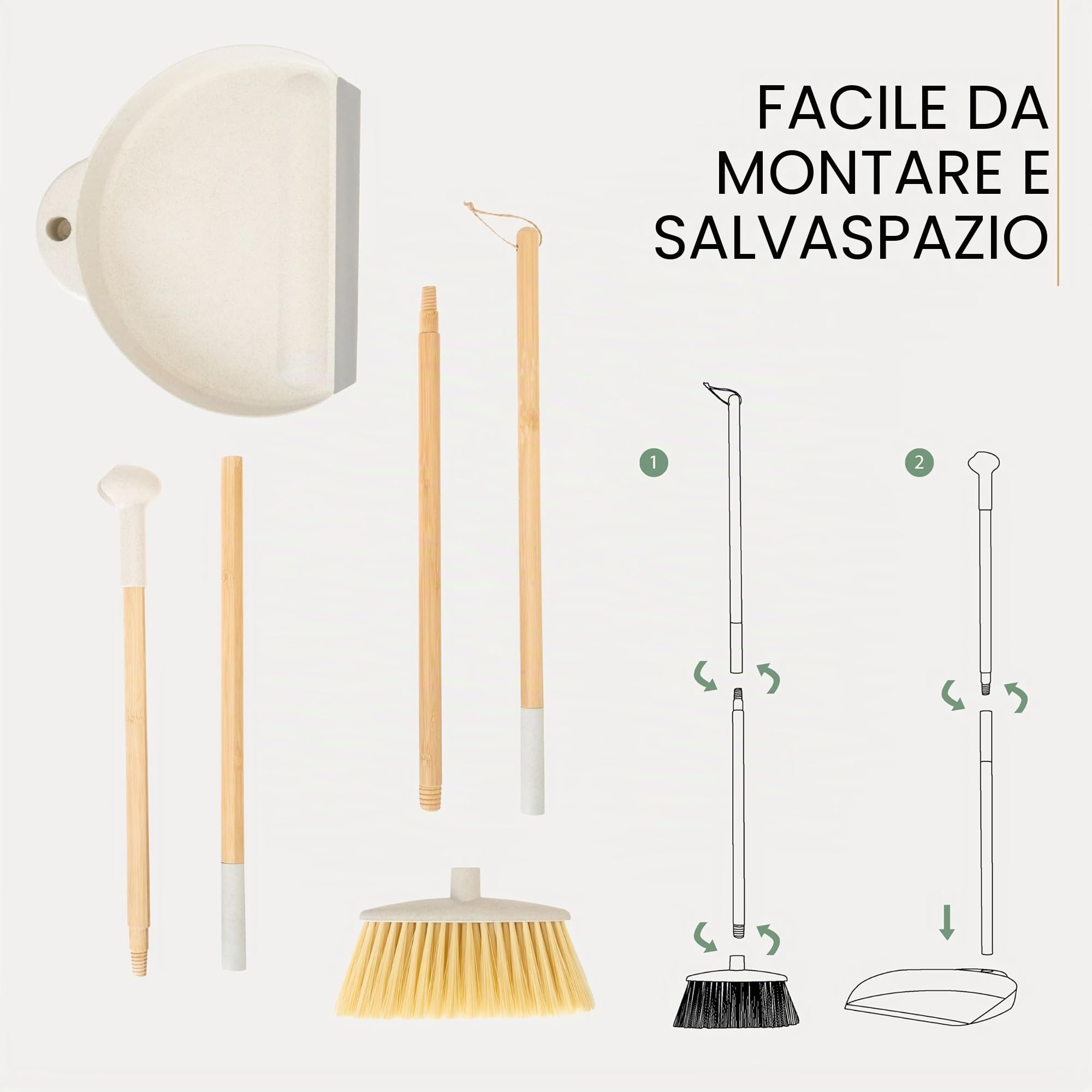 VIGAR - Scopa e Paletta - Modello Mini Staccabile - 29 x 27 x 92 cm - Collezione Zeroline - Risparmia Spazio in Cucina - con Legno di bambù - Grigio