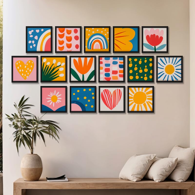 Image of NoWorries Colorful Abstract Wall Painting Set of 15 with Frame | Modern Rainbow, Heart, Sun, Floral & Geometric Art Prints for Kids Room, Nursery, Bedroom, Playroom, Living Room and Home Wall Decor (Art-4, Frame Size-10x10 inches)