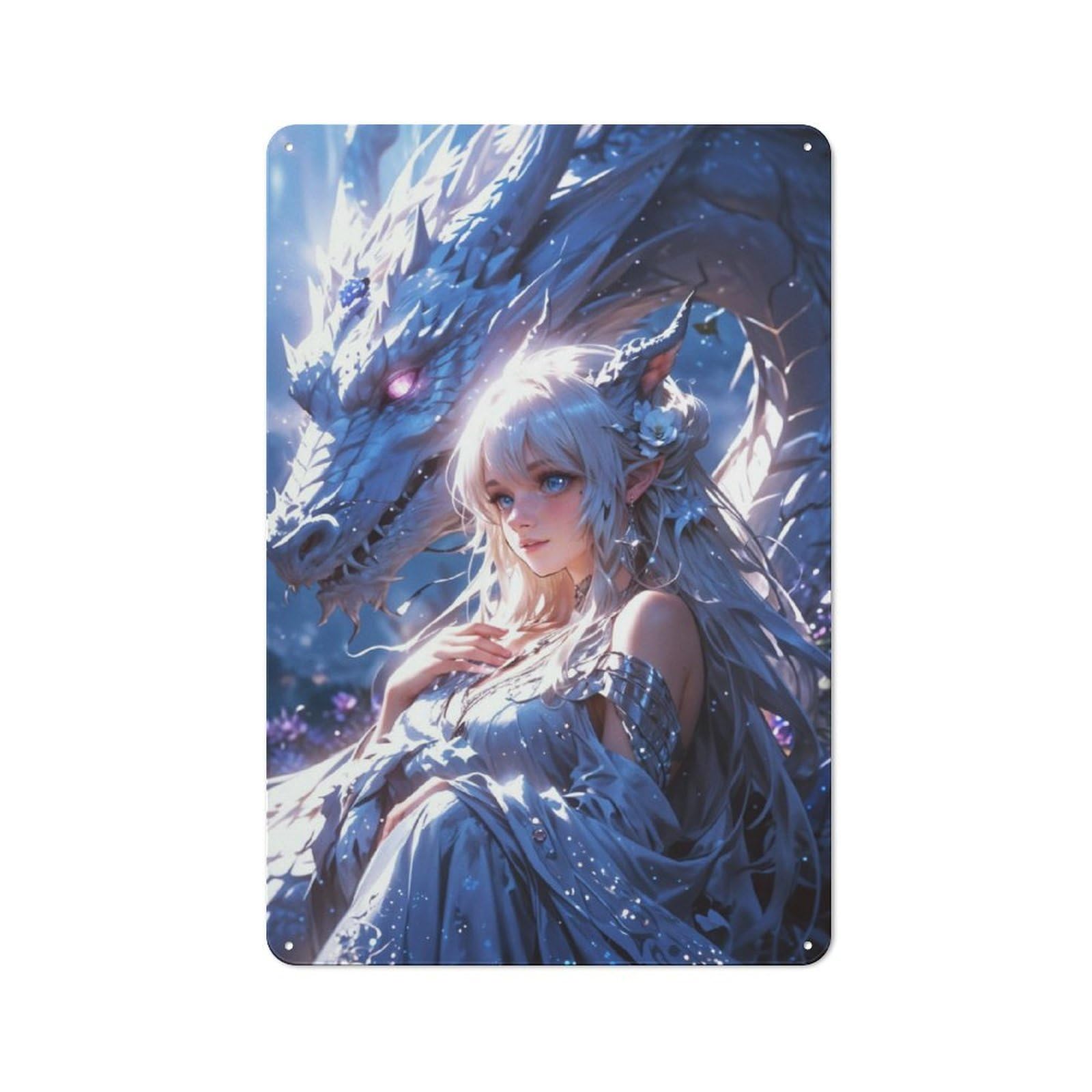 Enchanted Bond Elven Maiden And Mystic Dragon Tin Wall Plaque 30x20cm, Rustic Cottage Wall Art for Dining Room, Cafe, Entryway Or Family Room