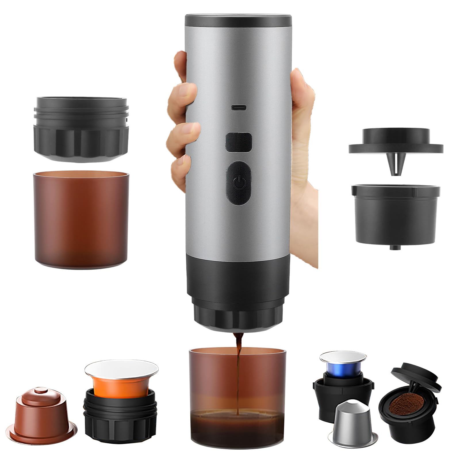 Portable Espresso Maker, 3 in 1 Electric Coffee Machine Compatible with Nespresso Capsules & Ground Coffee, Self-Warming, USB Rechargeable, 15 Bar Pressure, for Travel Camping Car Office