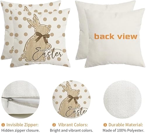 Miniatura 6 de AACORS Juego de 2 fundas de almohada de Pascua de 18 x 18 pulgadas, diseño de conejito de lunares con feliz Pascua, fundas de almohada de primavera