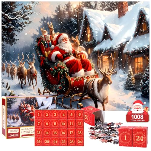 Calendario de Adviento Rompecabezas 2025,24 Cajas de 1008 Piezas Puzzle Navidad,Rompecabezas Navideños de Papá Noel,Calendario de Cuenta Regresiva Regalos para Niños y Adultos