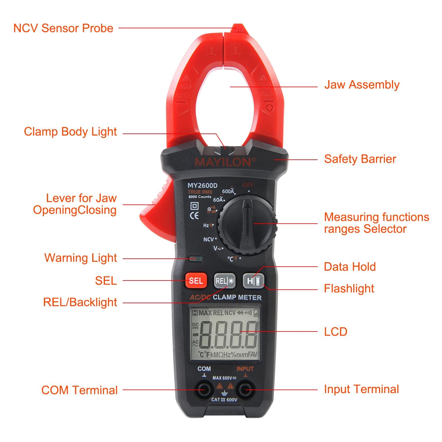 MY2600D Current Clamp Meter 6000 Counts Current Meter Auto Ranging Clamp Multimeter Measures AC/DC Current Voltage NCV Resistance Capacity Continuity Diode Frequency Temperature — Amazon image 8