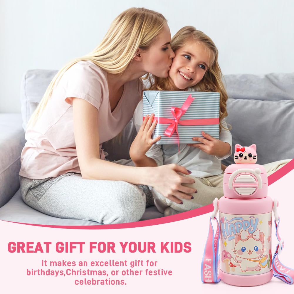 Borraccia Termica per Bambini, Bottiglia d'Acqua con Cannuccia, Cartone Animato Gattino Borraccia Inox, Bottiglia Termica Isolato per Scuola, Ufficio e attività all'aperto Borracce 500ml
