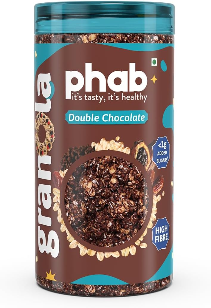 Phab Double Chocolate Crunchy Granola Cereals, Source of High Fiber & Gut-Friendly | 44% Oats | Goodness of Baked Rolled Oats, Dates, Pre-Biotics | No Preservative, No Trans fat | 245 gm